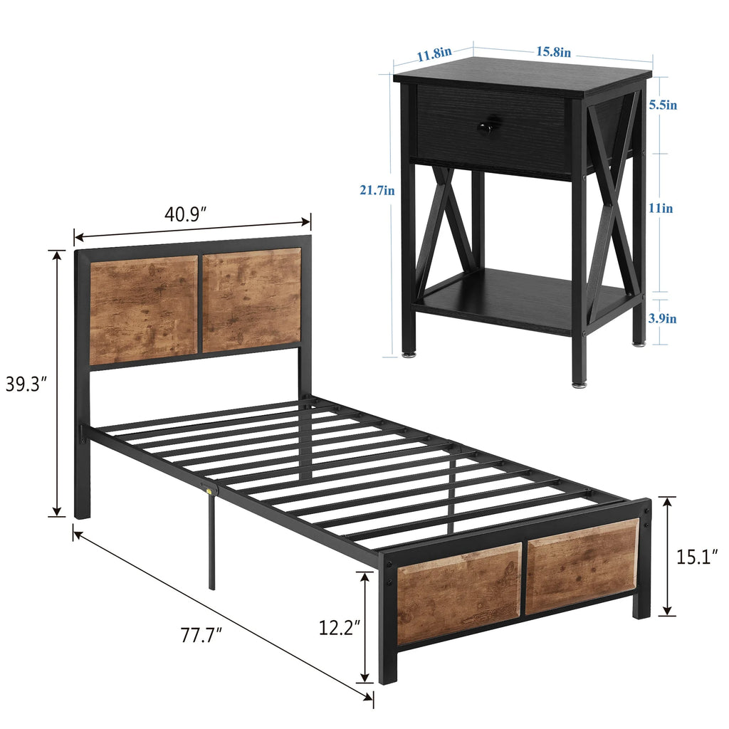 VECELO 3 - Piece Bedroom Set with Twin Size Bed Frame and 1 - Drawer Black Nightstands