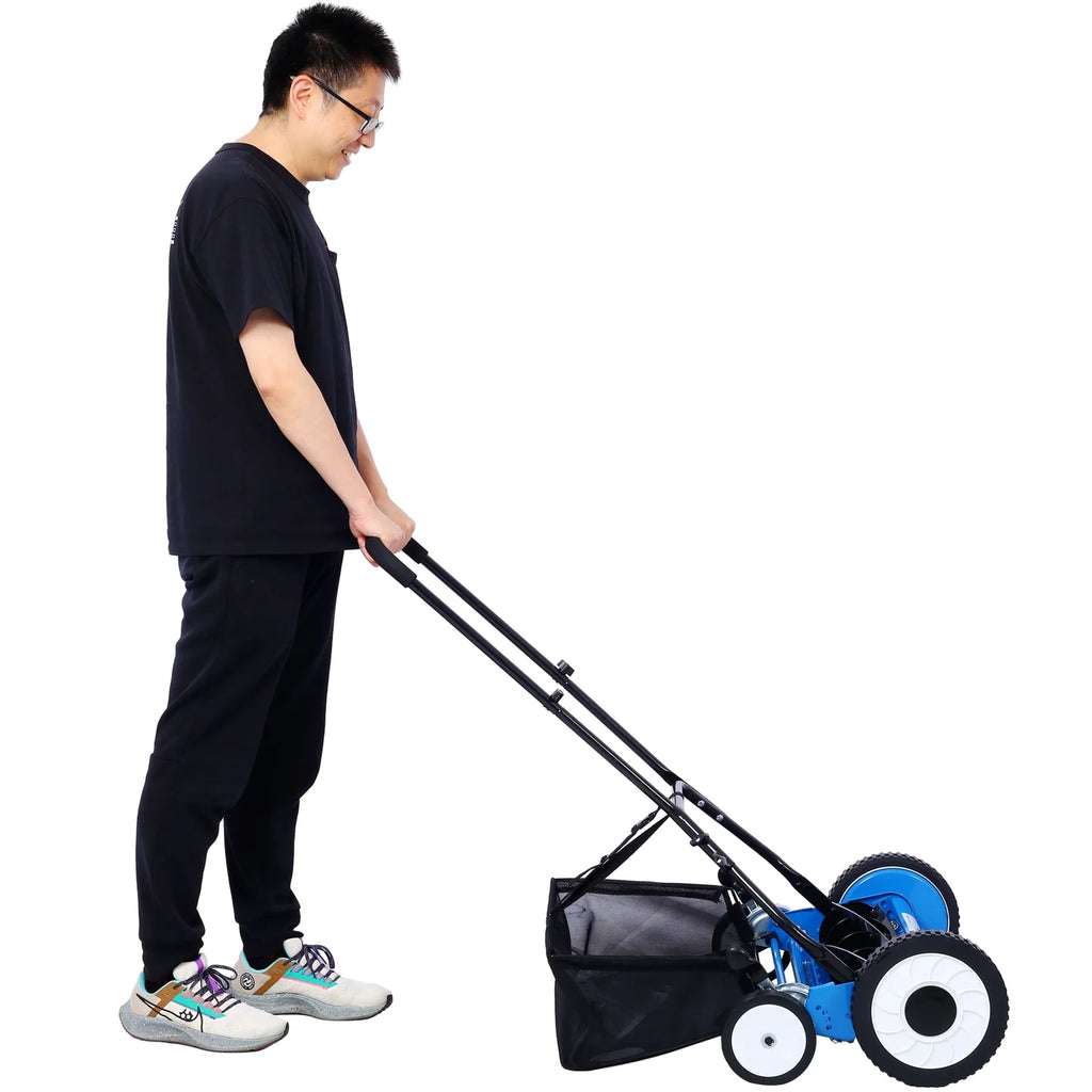 20 - Inch 5 - Blade Push Reel Lawn Mower with Grass Catcher 4 WHEELS BLUE COLOR