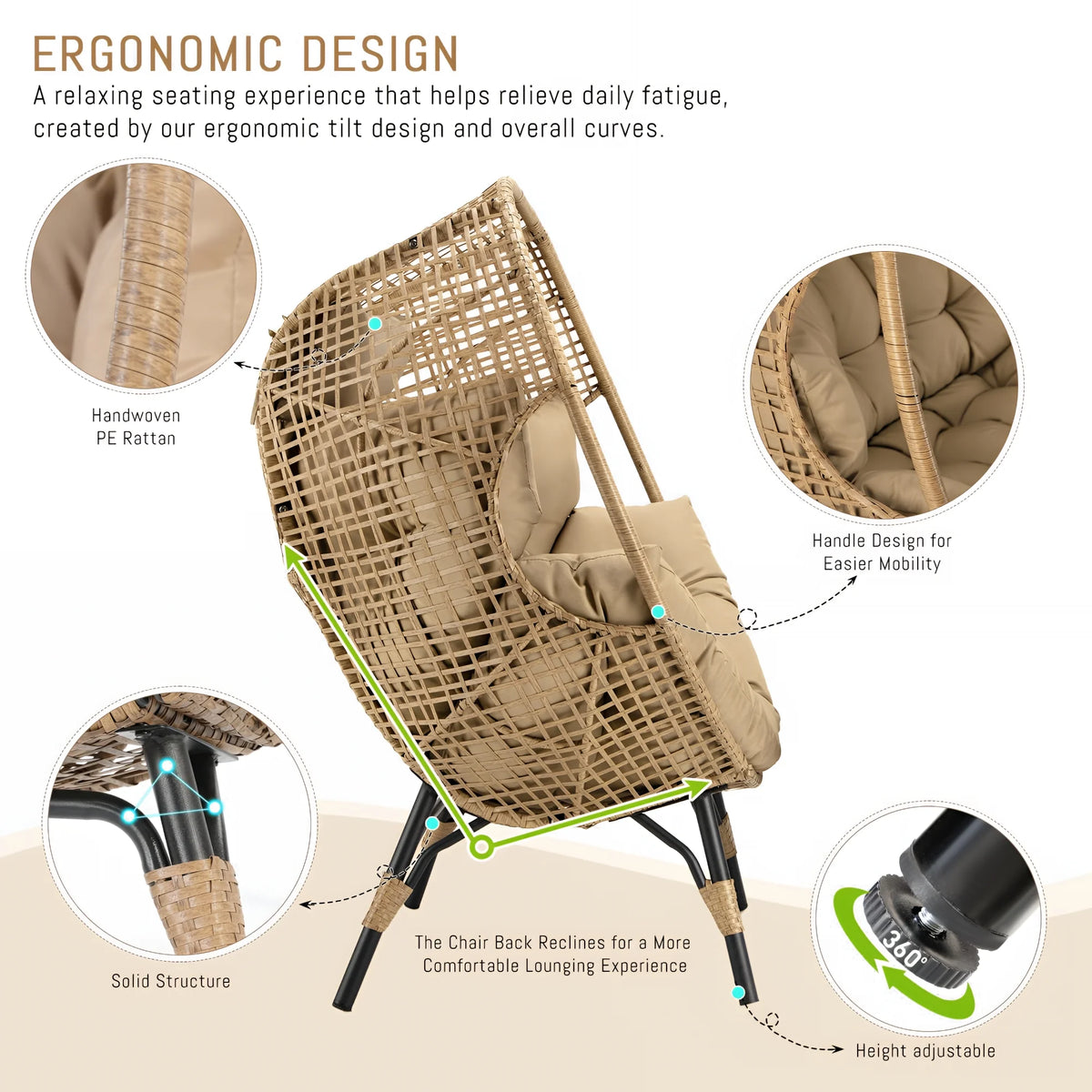 RADIATA 440 lb Outdoor Egg Chair with Foot Rest & Ottoman, Wicker Patio Egg Chair for Indoor or Garden, Beige