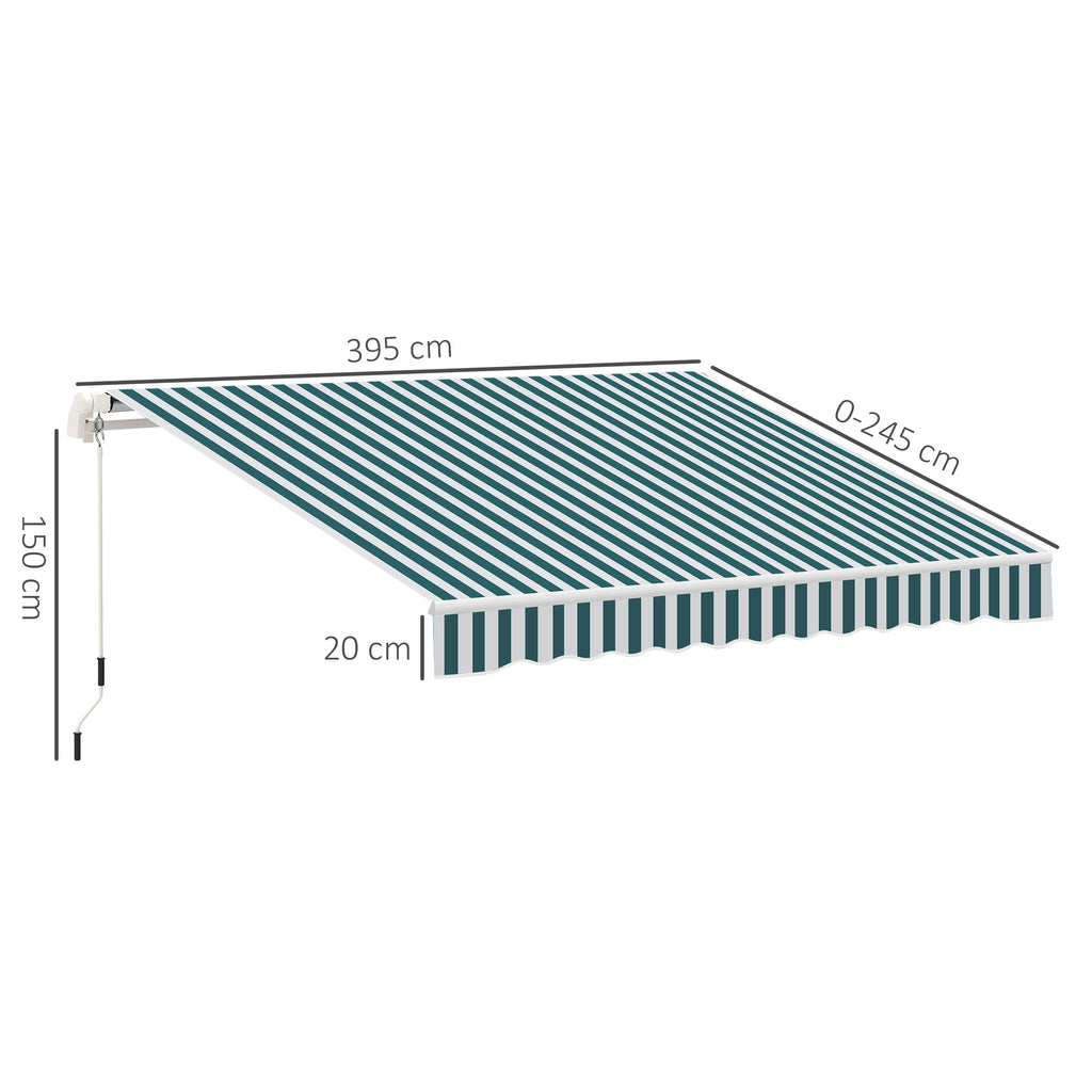 Outsunny Markise, Sonnenschutz, einfahrbar, mit Handkurbel, Metallrahmen, Polyester, weiß+grün, 3,95 x 2,45 m