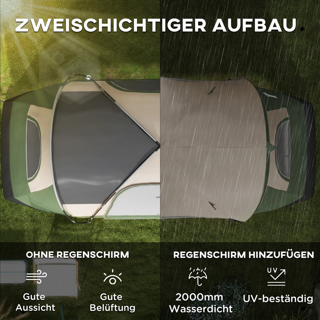 Outsunny Campingzelt, 2 Räume, Trennwand, für 6-8 Personen, Regenschutz, Dunkelgrün