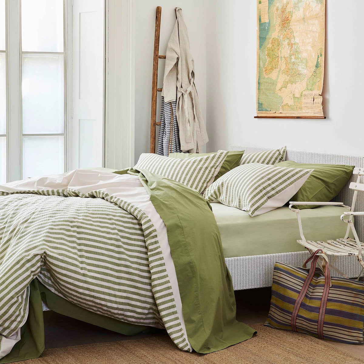 Piglet in Bed Washed Cotton Duvet Cover - Pear Seersucker Stripe