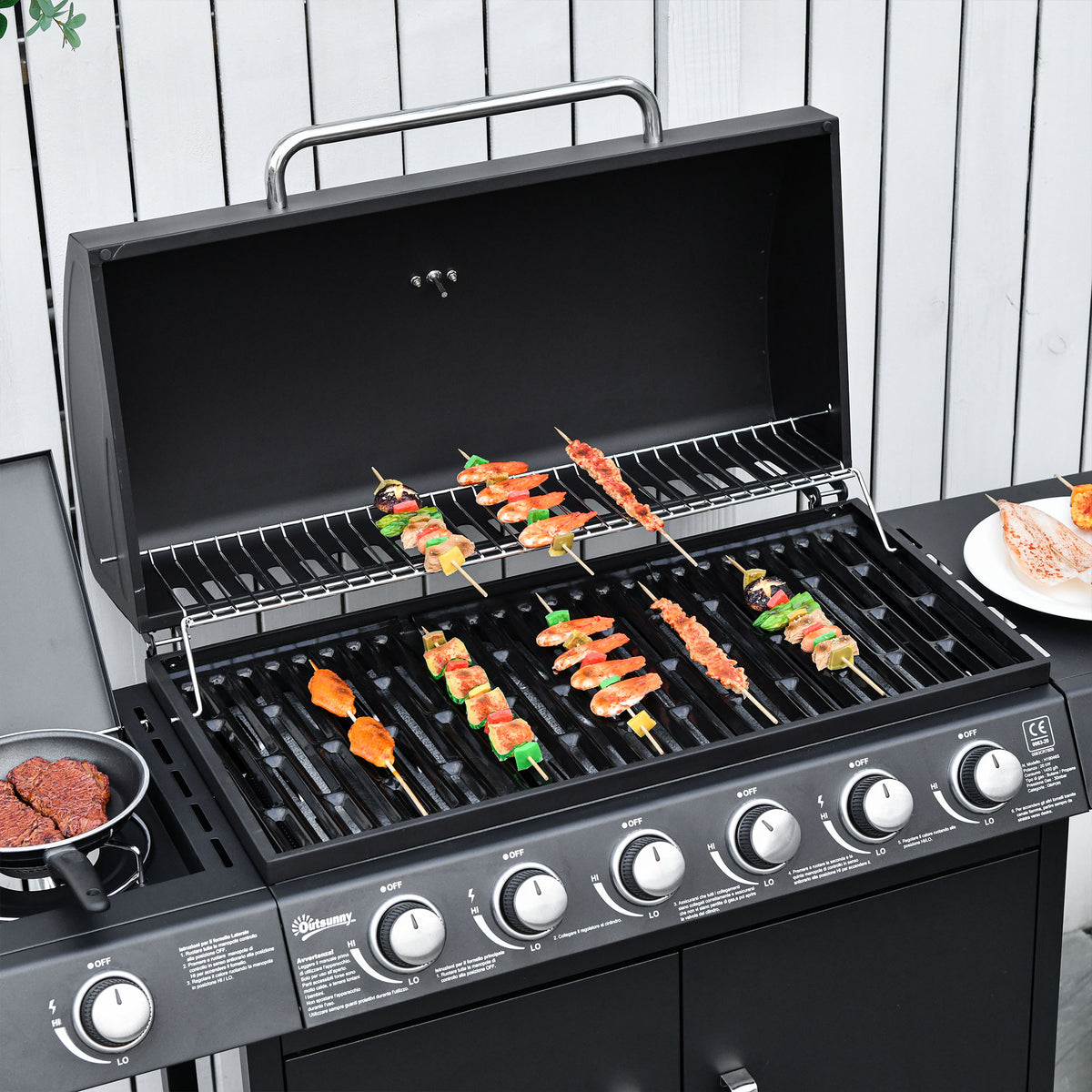 Outsunny Gasgrill mit 7 Brennern, inkl. Thermometer,  BBQ -Grill, mobiler Grill, Schwarz