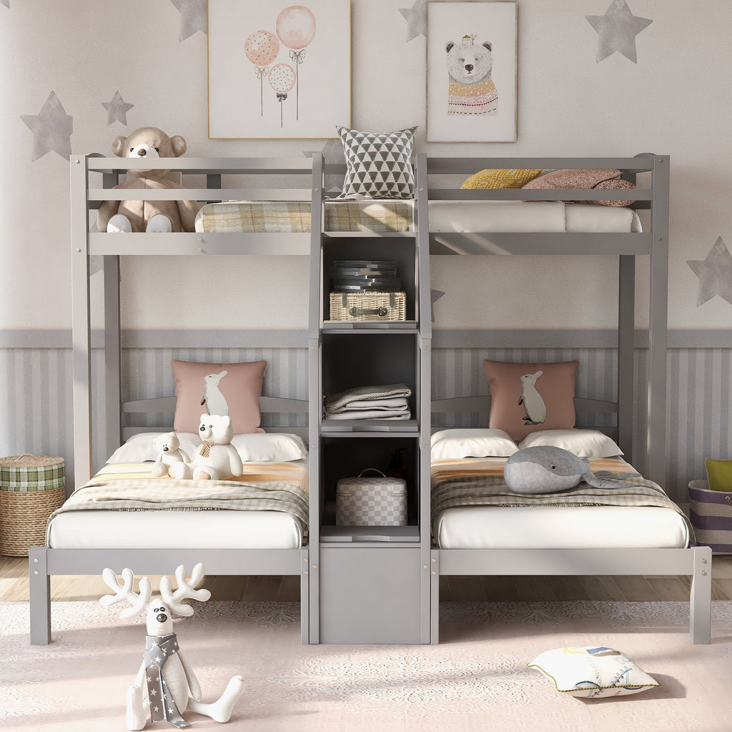 EUROCO Twin Over Twin & Twin Bunk Bed with Staircase and Drawers for Kids Bedroom, 3 - in - 1 Bunk for More Kids, Storage Staircase, Gray