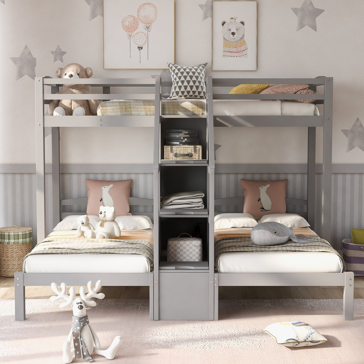EUROCO Twin Over Twin & Twin Bunk Bed with Staircase and Drawers for Kids Bedroom, 3 - in - 1 Bunk for More Kids, Storage Staircase, Gray