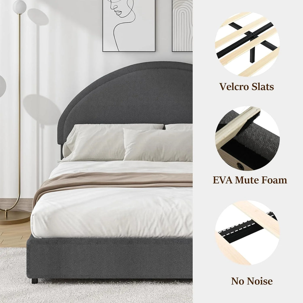 4 EVER WINNER Queen Size Bed Frame, Boucle Upholstered Bed Frame with Headboard, White Queen Bed Frame, White