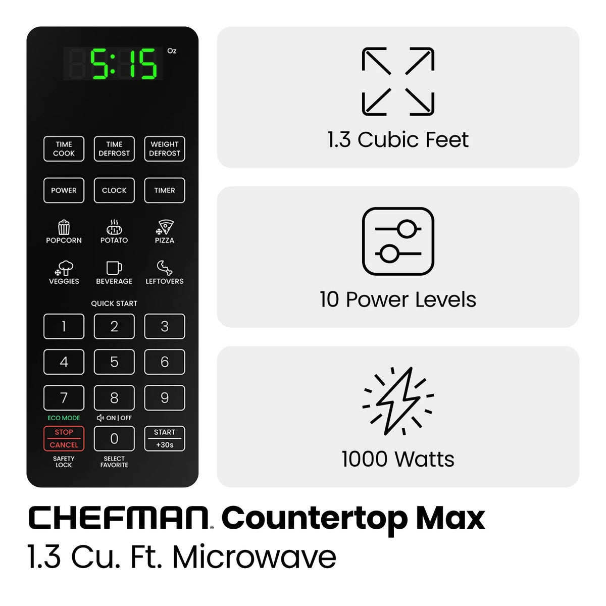 Chefman 0.9 cu ft Countertop Microwave Oven, 900 Watts - Stainless Steel