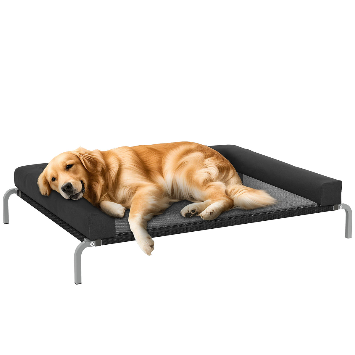 PawHut Erfrischendes erhöhtes Hundebett, tragbares Hundeliegen für drinnen und draußen, 130 x 90 x 30 cm, Schwarz