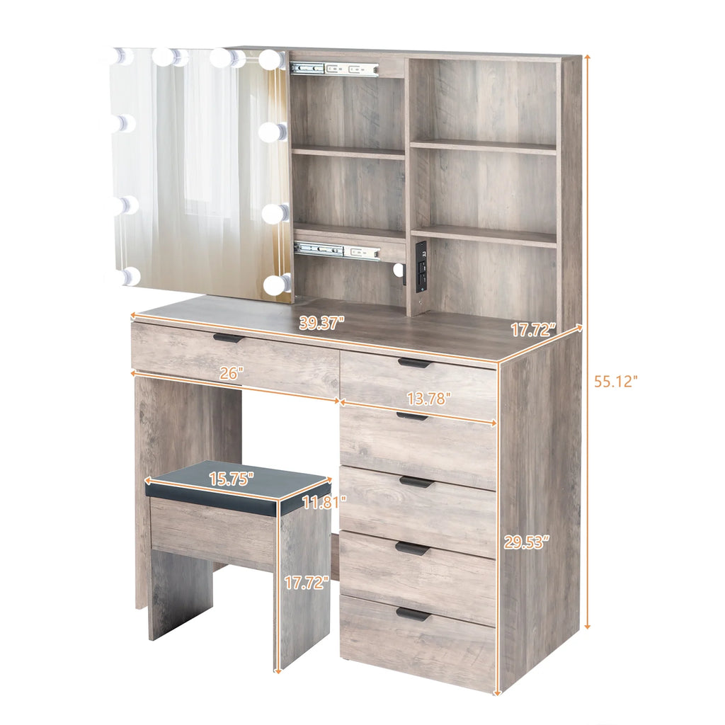 Ktaxon Vanity Set with 3 Color Lighted Mirror & Charging Station, Makeup Table with 3 Storage Shelves & Drawers, Dressing Table Makeup Desk with Stool, Retro Gray