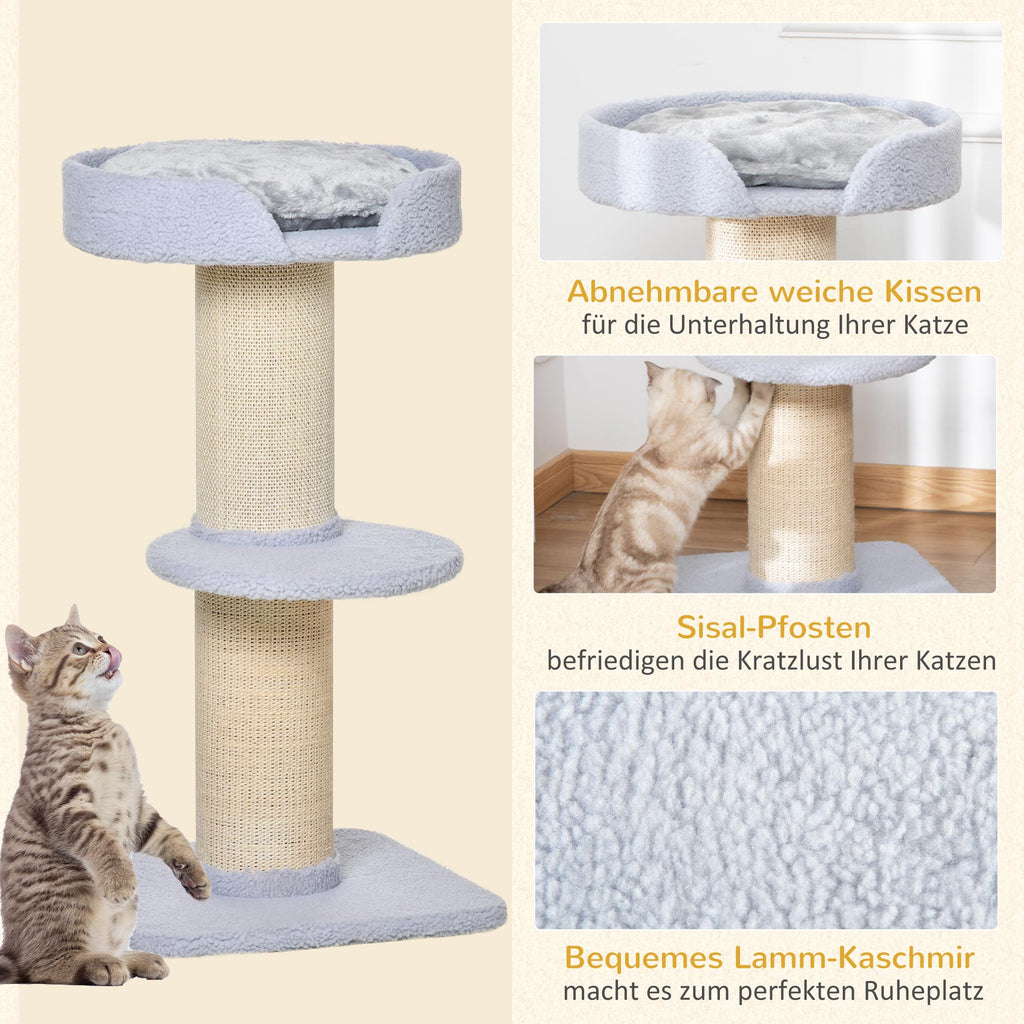 PawHut Kratzbaum 91 cm Katzenturm mit Sisalstämme, Plattform, Kissen mehrstöckiger Katzenkratzbaum, Kletterbaum, für mittelgroße Katzen, Hellblau
