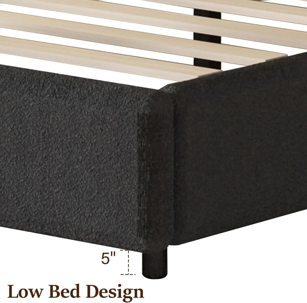 4 EVER WINNER Queen Size Bed Frame, Boucle Upholstered Bed Frame with Headboard, White Queen Bed Frame, White
