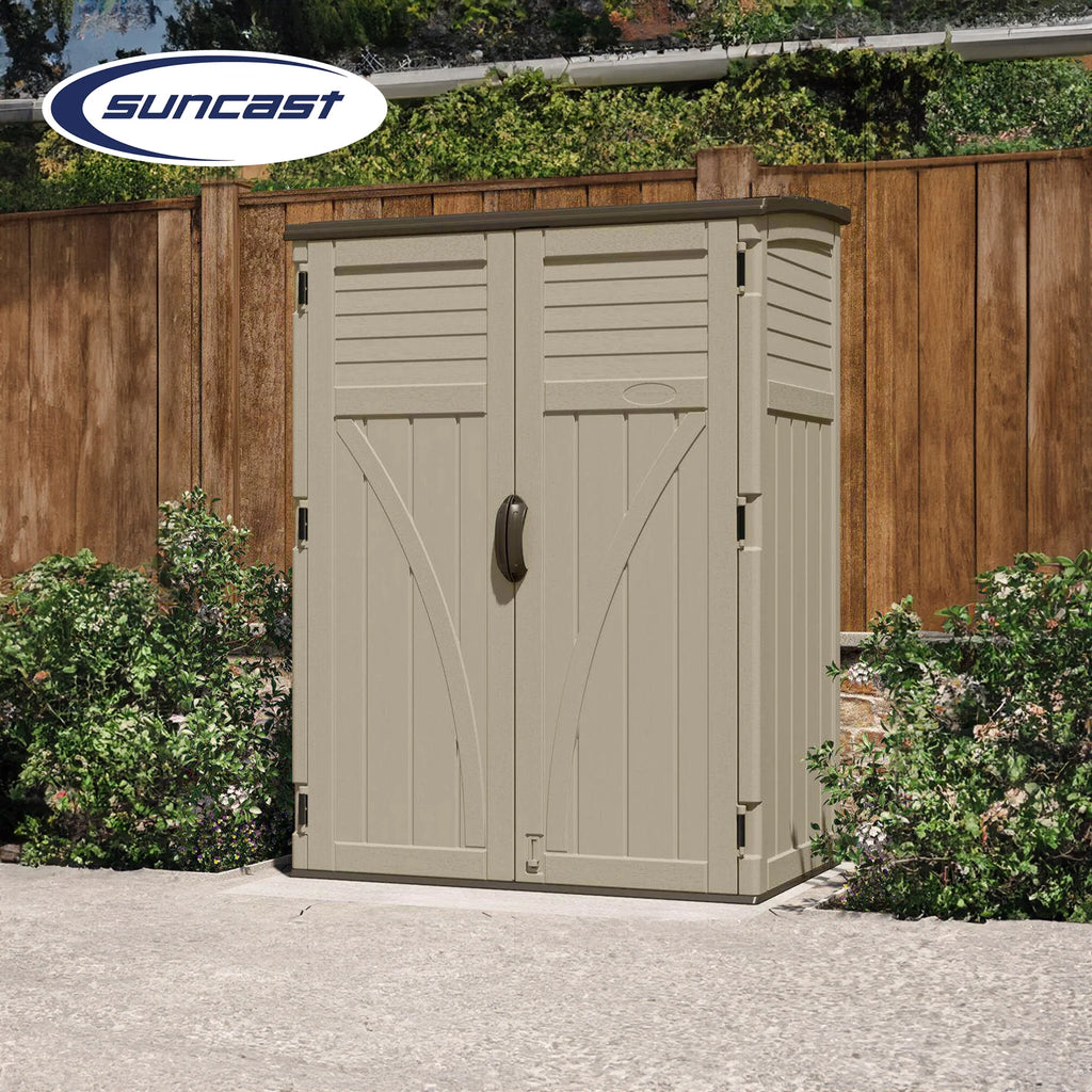 Suncast Large Vertical Shed for Storing Oudoor Tools, & Equipment, Sand