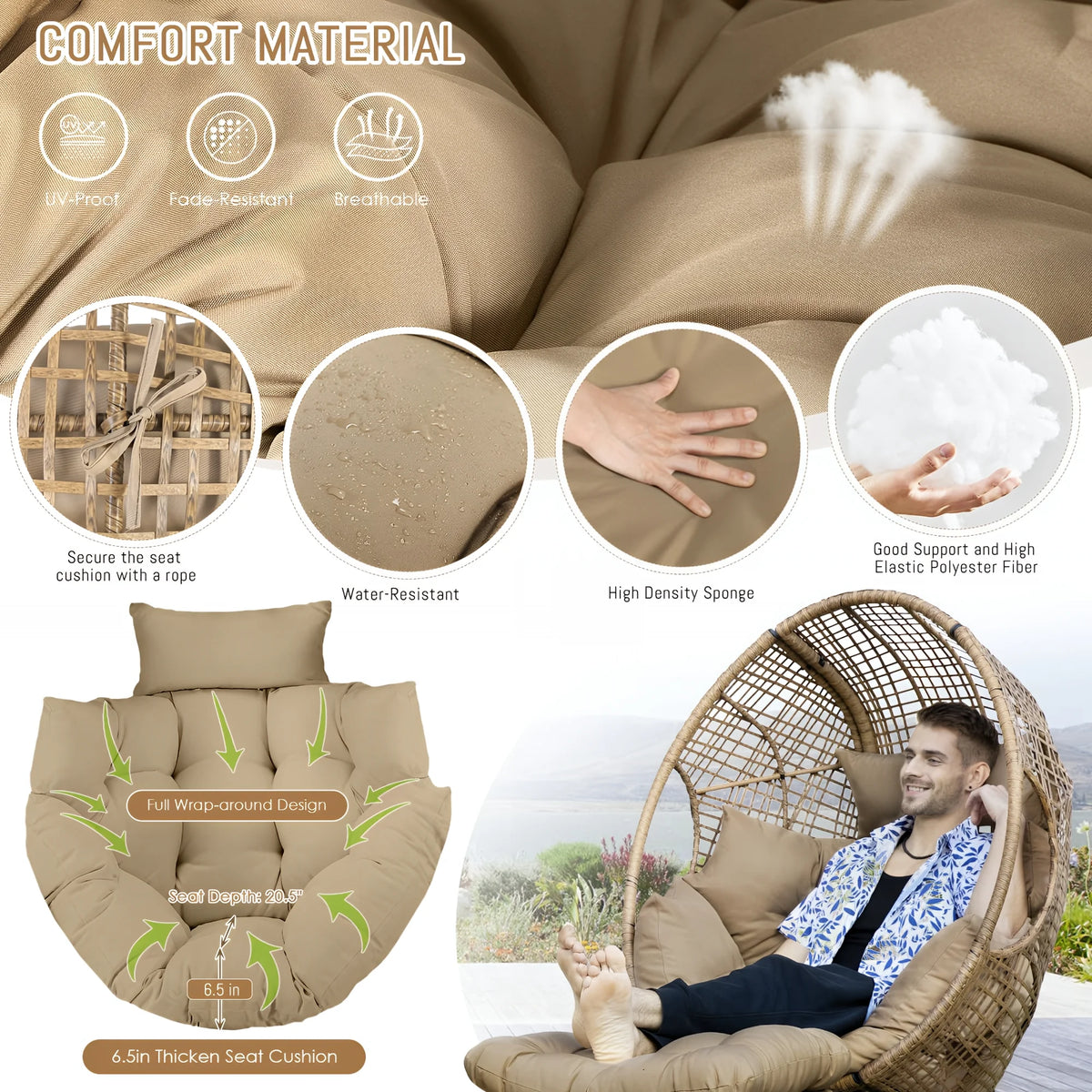RADIATA 440 lb Outdoor Egg Chair with Foot Rest & Ottoman, Wicker Patio Egg Chair for Indoor or Garden, Beige