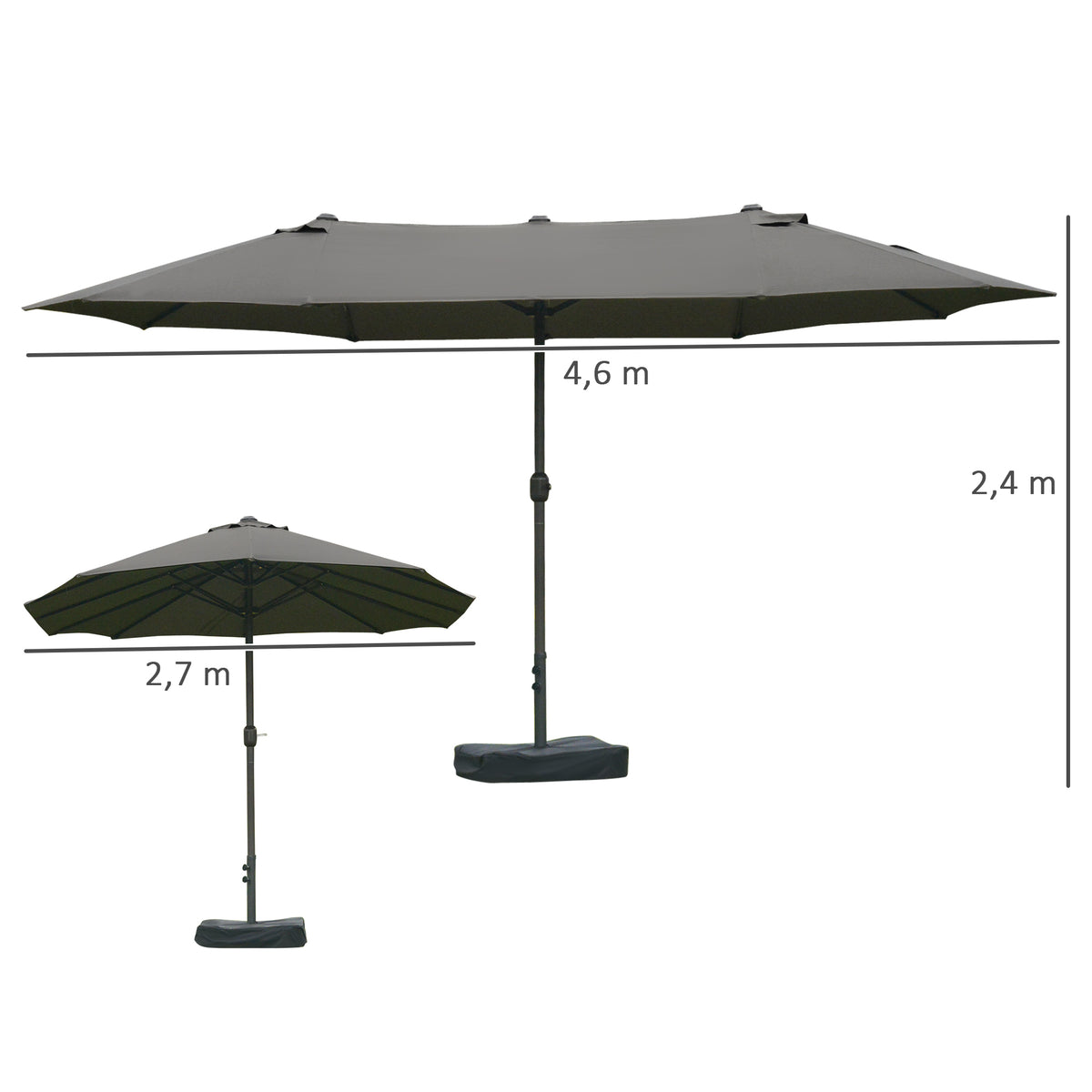Outsunny Sonnenschirm Gartenschirm Marktschirm Doppelsonnenschirm Terrassenschirm mit Schirmständer Handkurbel Dunkelgrau Oval 460 x 270 x 240 cm