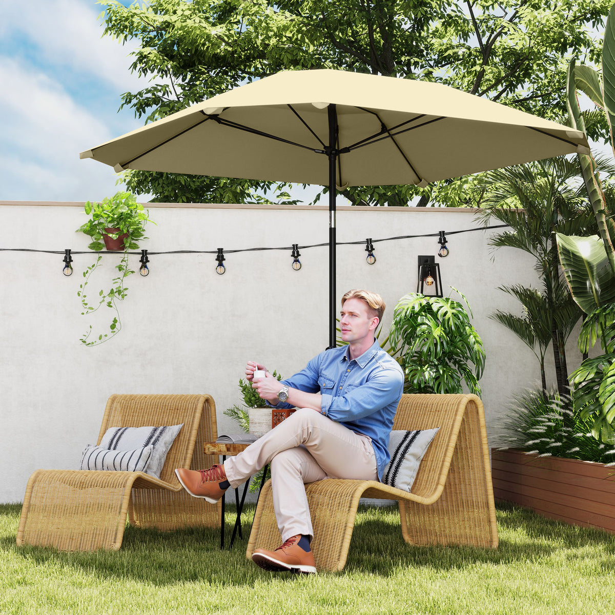 Outsunny 2,3 m Sonnenschirm ohne Basis, Verstellbarer Terrassenschirm mit Kurbel, Polyester, Aluminium, Fiberglas, Beige