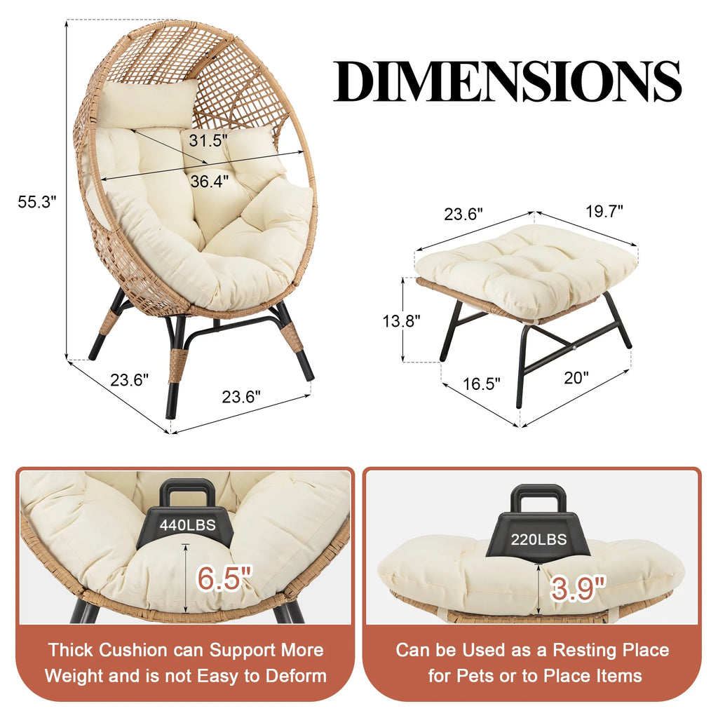 RADIATA 440 lb Outdoor Egg Chair with Foot Rest & Ottoman, Wicker Patio Egg Chair for Indoor or Garden, Beige