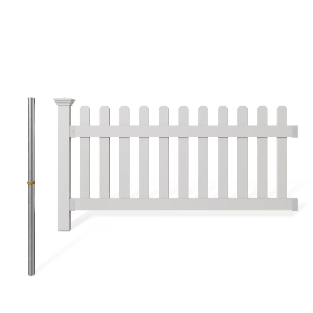 3ft H x 6ft W (1 Panel + 1 Post) No Dig Wambam Newport Fence Kit, White Vinyl Picket Fence, Easy Install Outdoor Fence for Backyard or Patio, DIY Decorative Fencing, ZP19002