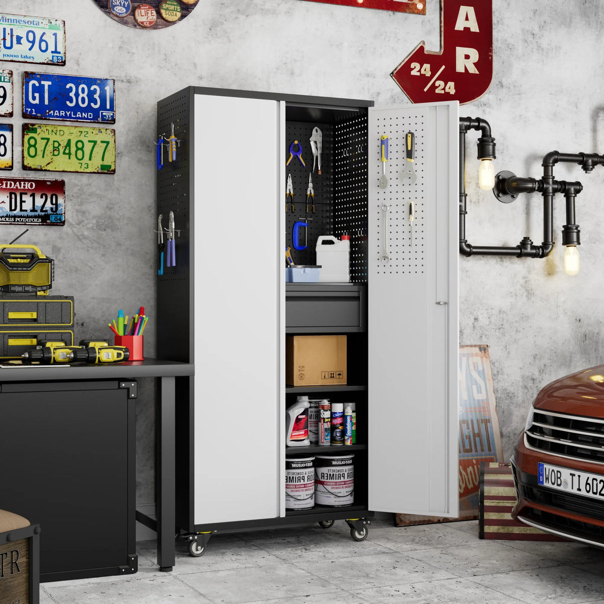 Aobabo Metal Storage Cabinet with Lock, Garage Storage Cabinet with Wheels, 72in Steel Storage Cabinet for Garage Home Storage, Black Required - Assembly