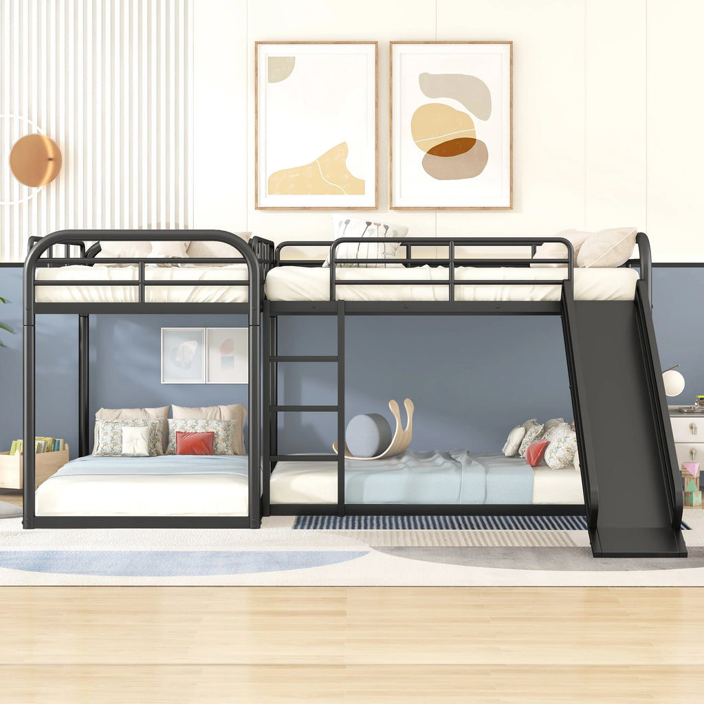 Full and Twin Size L - Shaped Quadruple Metal Bunk Bed with Slide for Kids, Black
