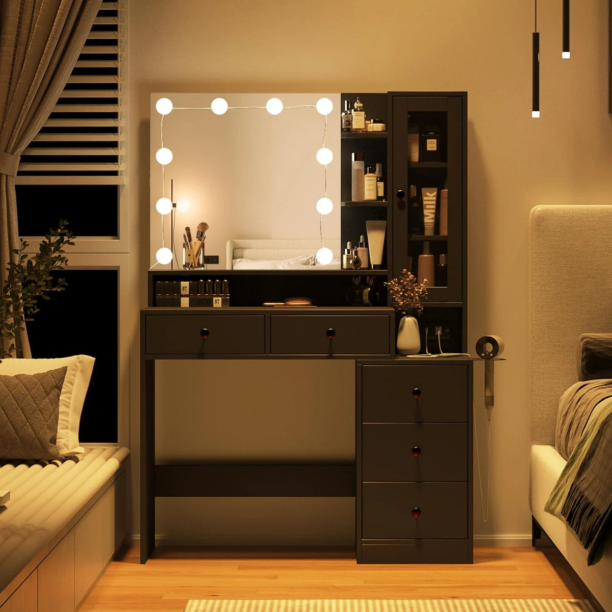 VEANERWOOD Makeup Vanity Desk with Lighted Mirror and Power Strip, Modern Vanity Table with 5 Drawers, White