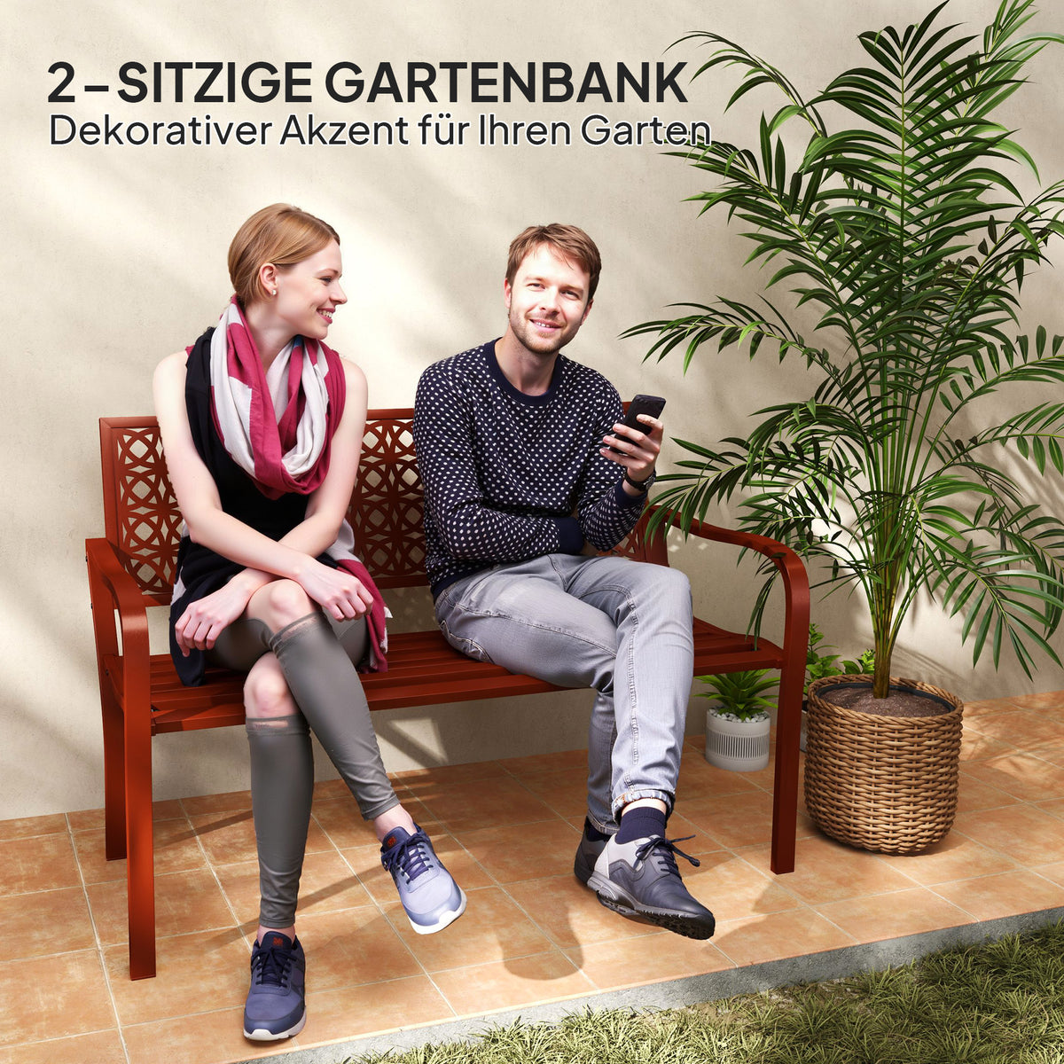 Outsunny Außenbank, Gartenbank aus Stahl, Ausgeschnittene Rückenlehne, Armlehnen, für 2 Personen, Rot