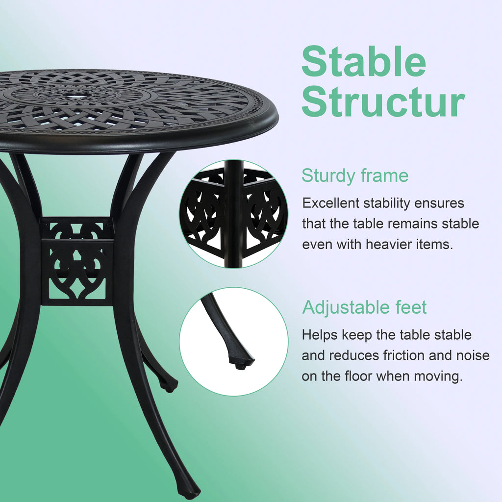 30.3 in Round Patio Table Cast Aluminum Patio Table, Metal Patio Dining Table with Umbrella Hole, All-Weather Outdoor Bistro Dining Table for Backyard, Garden, Balcony, Black