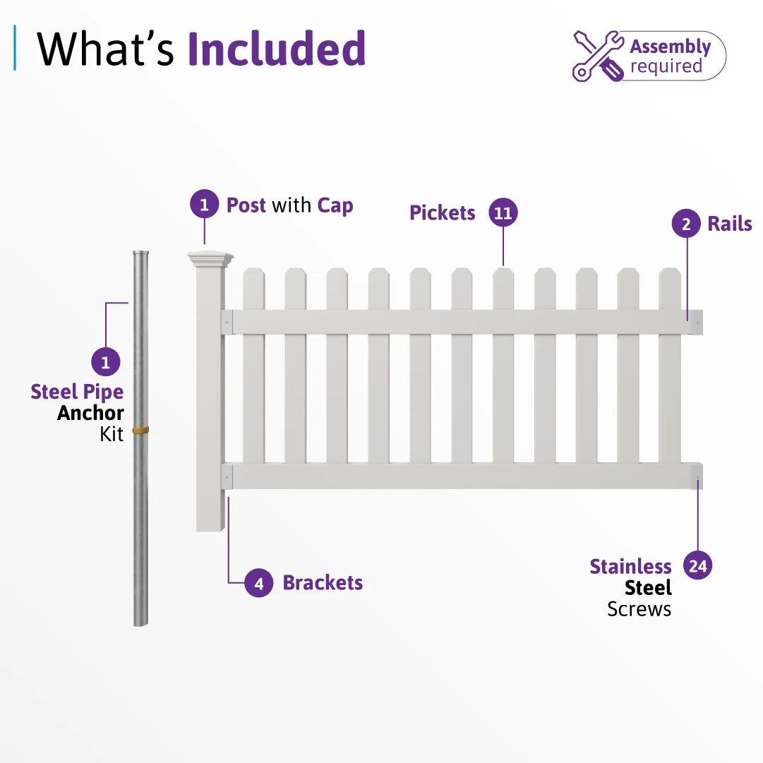 3ft H x 6ft W (1 Panel + 1 Post) No Dig Wambam Newport Fence Kit, White Vinyl Picket Fence, Easy Install Outdoor Fence for Backyard or Patio, DIY Decorative Fencing, ZP19002
