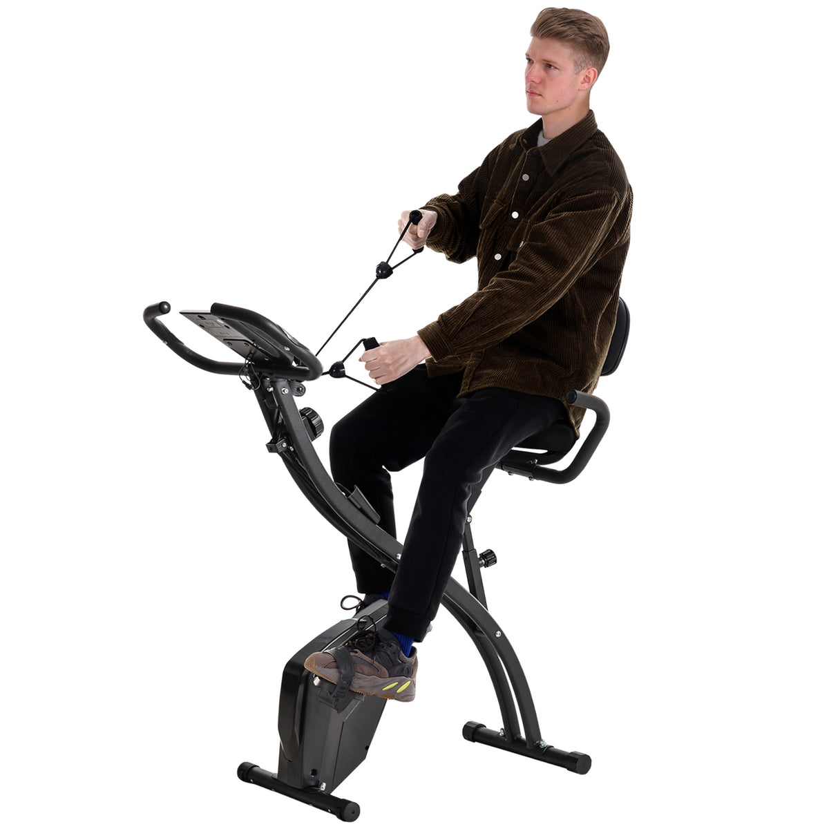 HOMCOM Heimtrainer X-Bike 2-in-1 Fahrradtrainer mit LCD-Display,Pulsmesser, klappbarer Hometrainer Trimmrad mit 8 stufig Magnetwiderstand, 1 Paar Spannseil, Stahl Schwarz 105x48x118 cm