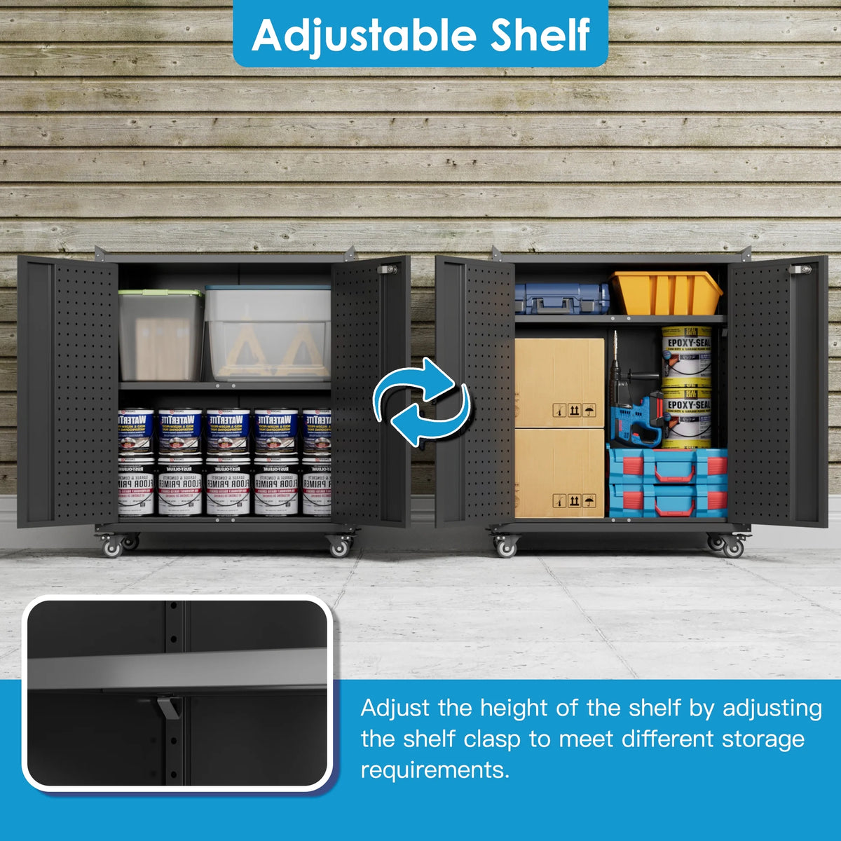 Aobabo Metal Storage Cabinet with Lock, Garage Storage Cabinet with Wheels, 72in Steel Storage Cabinet for Garage Home Storage, Black Required - Assembly