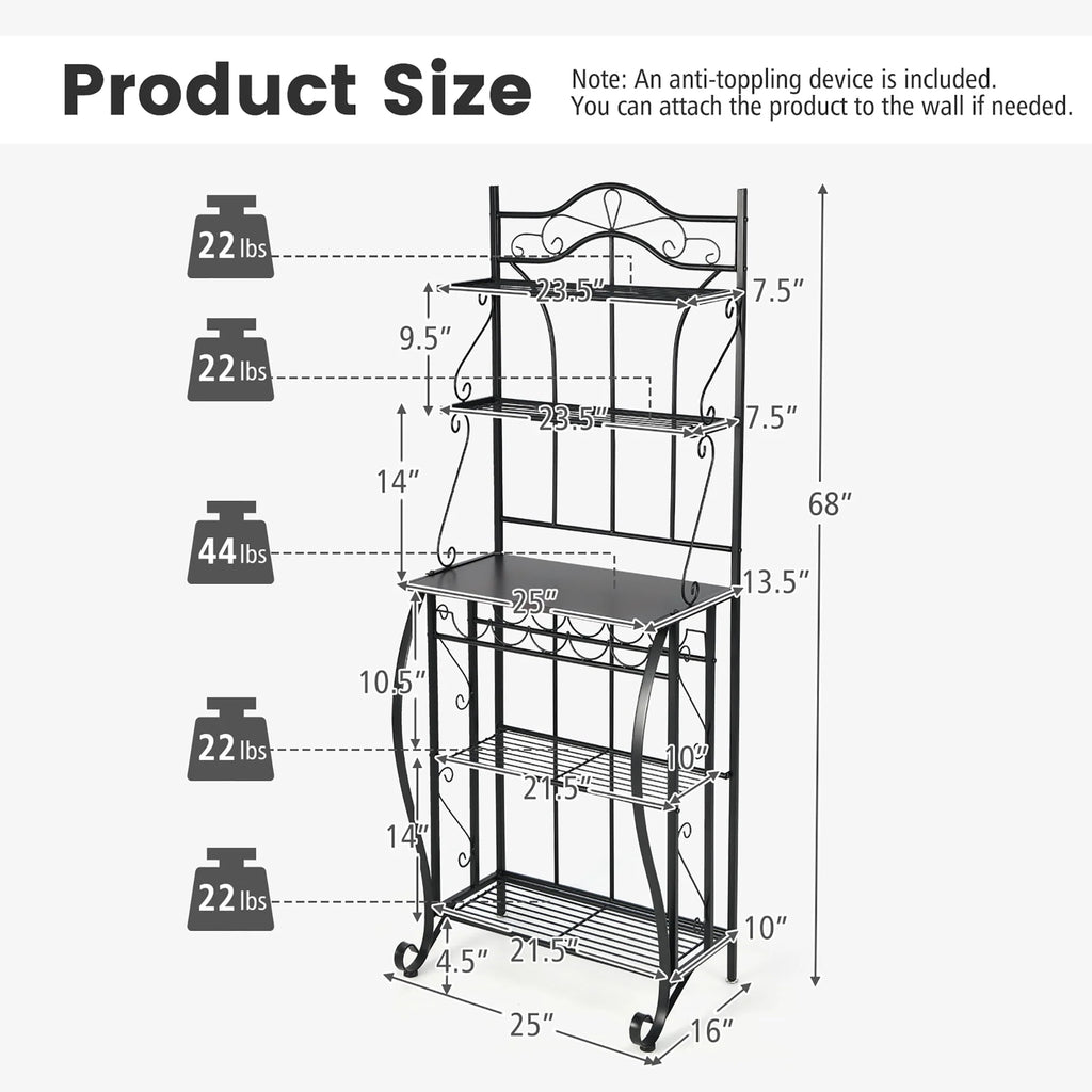 Costway 5 - Tier Metal Kitchen Bakers Rack Microwave Storage Rack Oven Stand with Wine Organizer