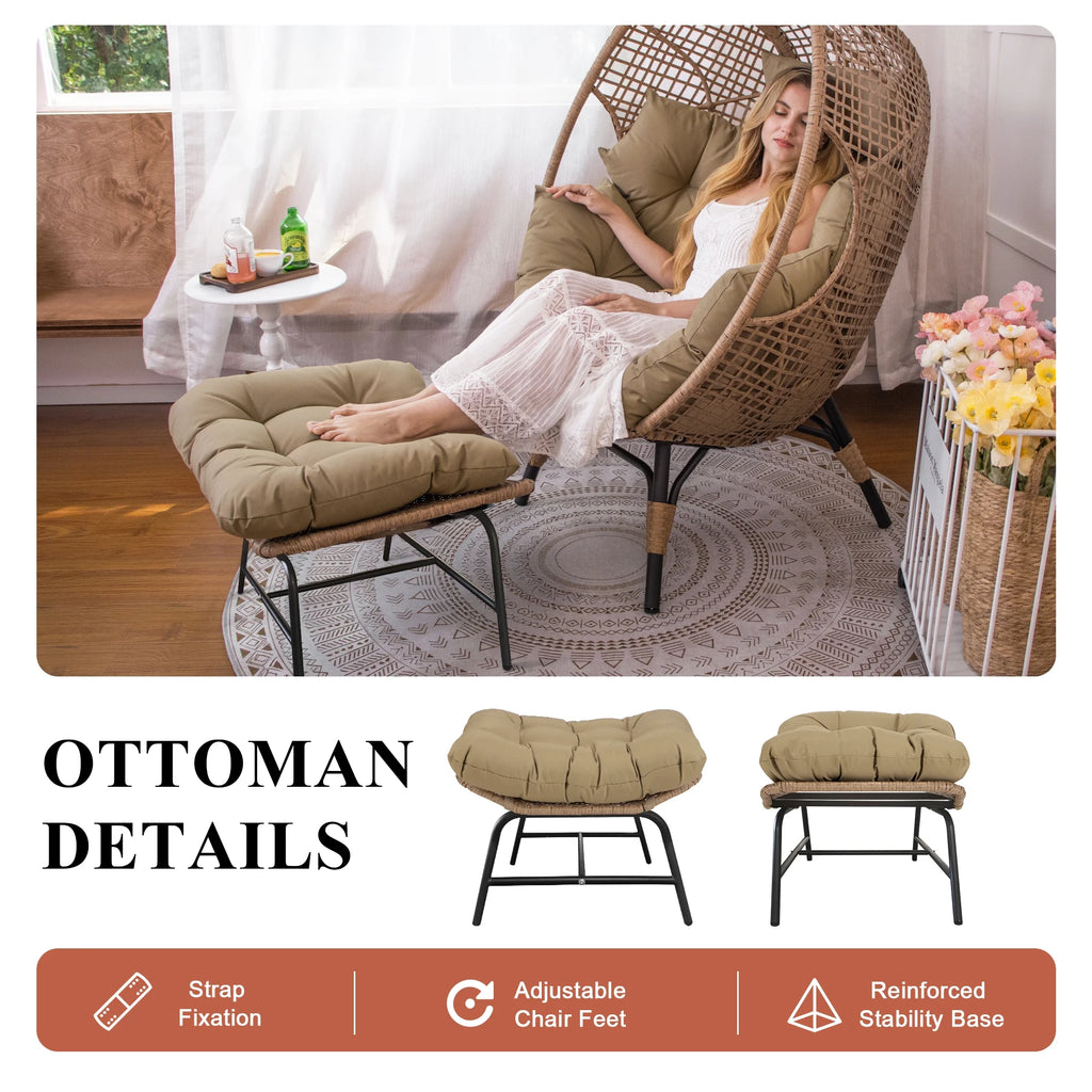 RADIATA 440 lb Outdoor Egg Chair with Foot Rest & Ottoman, Wicker Patio Egg Chair for Indoor or Garden, Beige