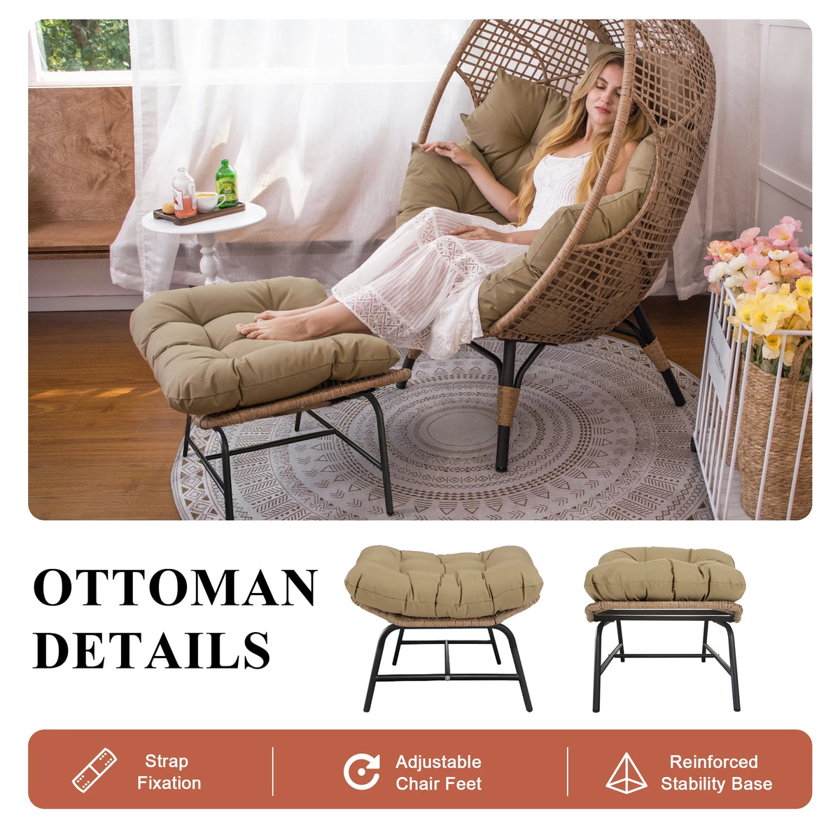 RADIATA 440 lb Outdoor Egg Chair with Foot Rest & Ottoman, Wicker Patio Egg Chair for Indoor or Garden, Beige