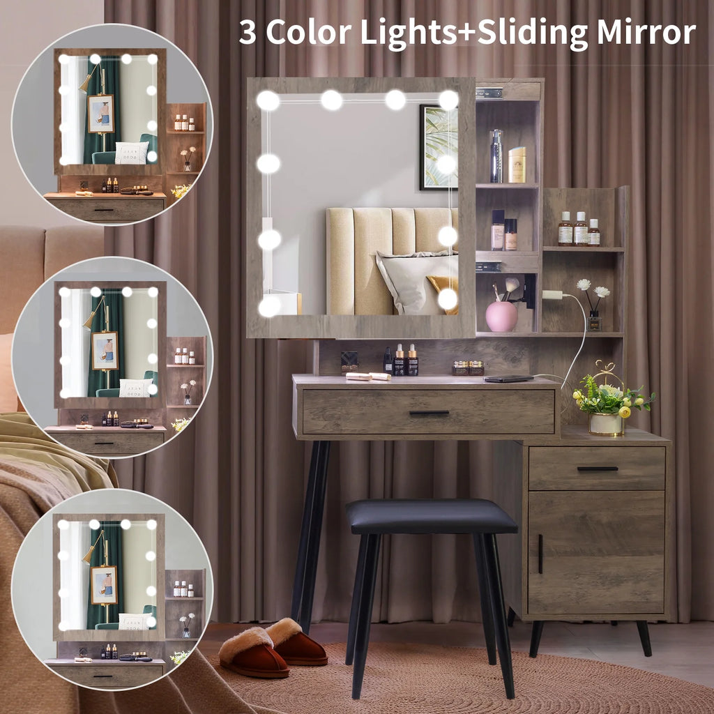 Ktaxon Vanity Set with 3 Color Lighted Mirror & Charging Station, Makeup Table with 3 Storage Shelves & Drawers, Dressing Table Makeup Desk with Stool, Retro Gray