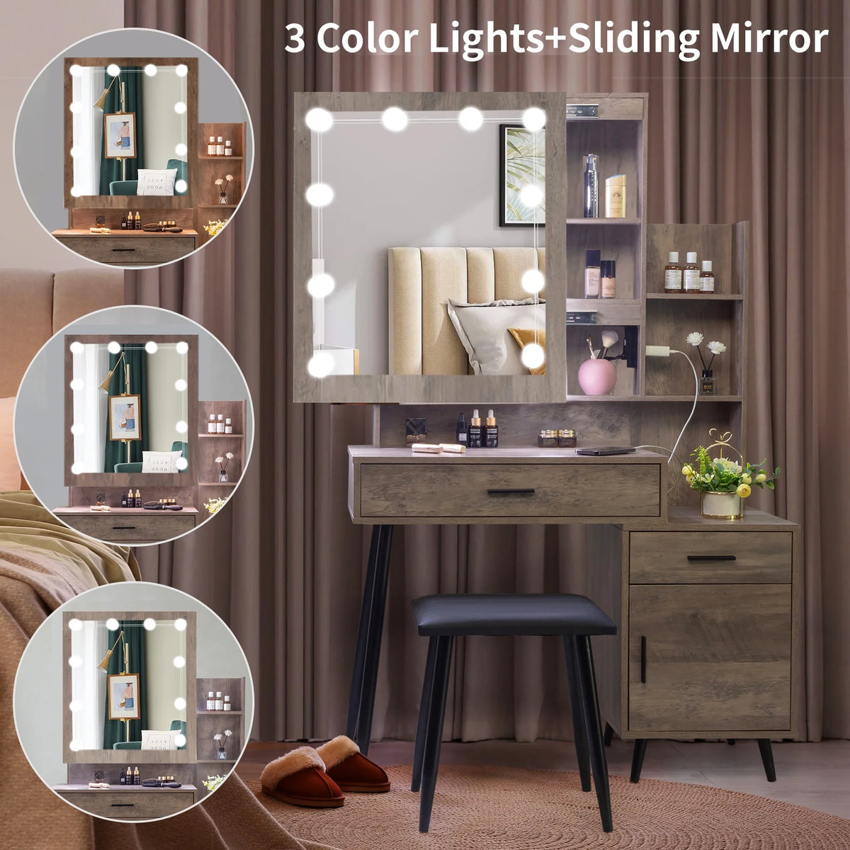 Ktaxon Vanity Set with 3 Color Lighted Mirror & Charging Station, Makeup Table with 3 Storage Shelves & Drawers, Dressing Table Makeup Desk with Stool, Retro Gray