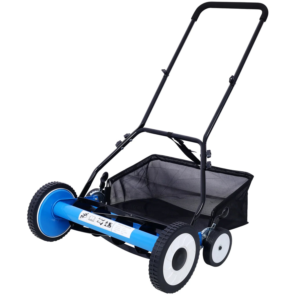 20 - Inch 5 - Blade Push Reel Lawn Mower with Grass Catcher 4 WHEELS BLUE COLOR