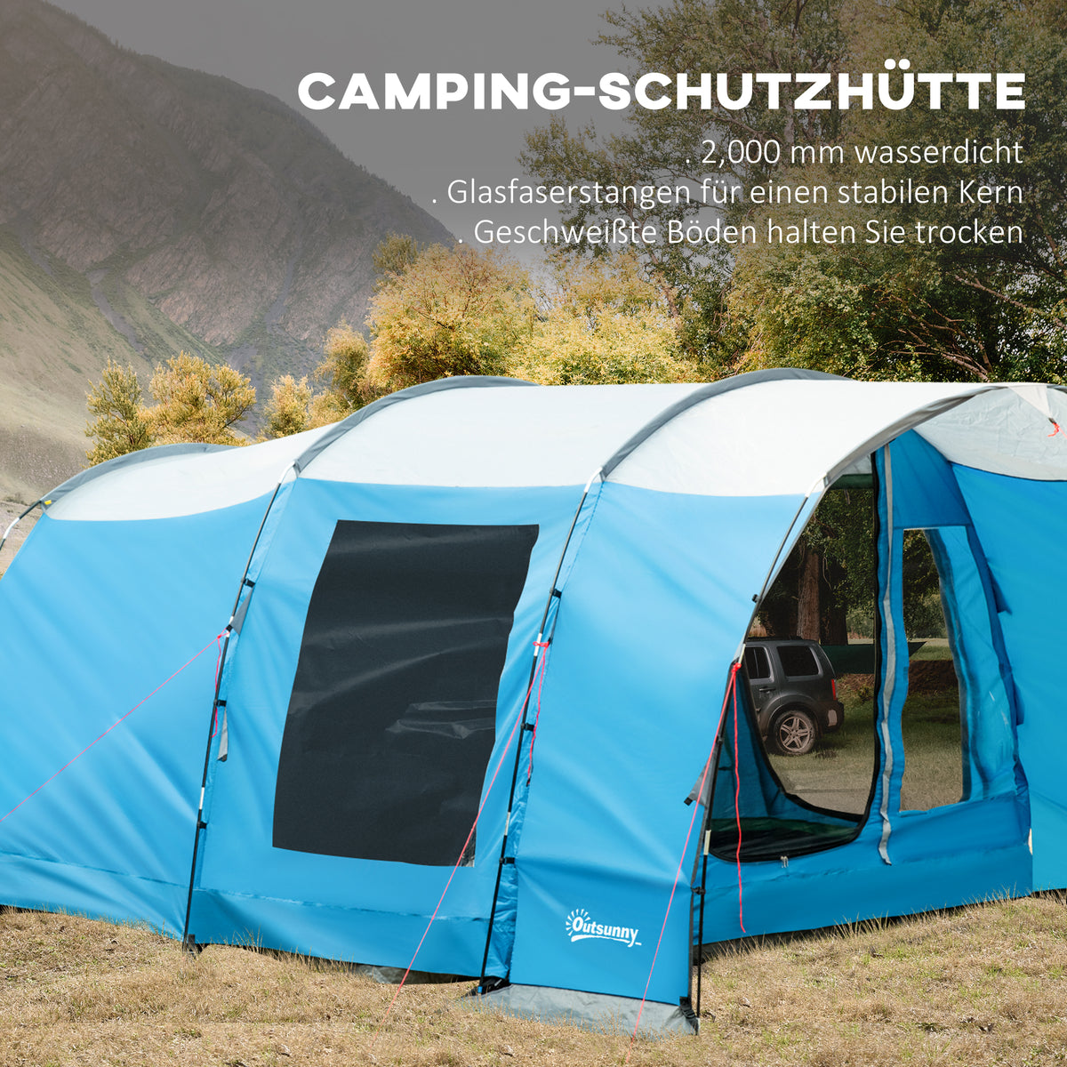 HOMCOM Campingzelt für 5 Personen, 2 Räume, abnehmbare Trennwand, wetterbeständig, inkl. Transporttasche, Blau + Schwarz