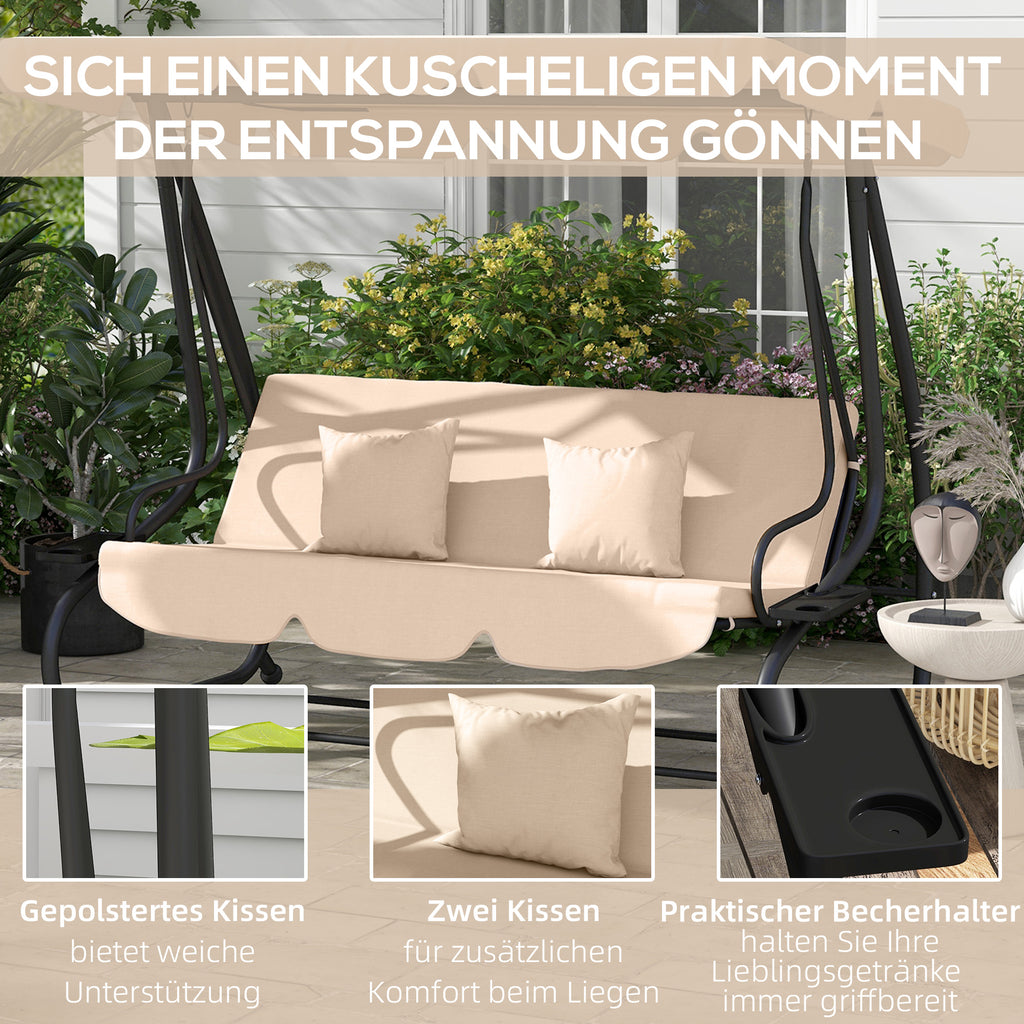 Outsunny Schaukelbank, 3-Sitzer Hollywoodschaukel, Gartenschaukel mit Getränkehaltern, Stahl, 200 x 120 x 164 cm, Braun