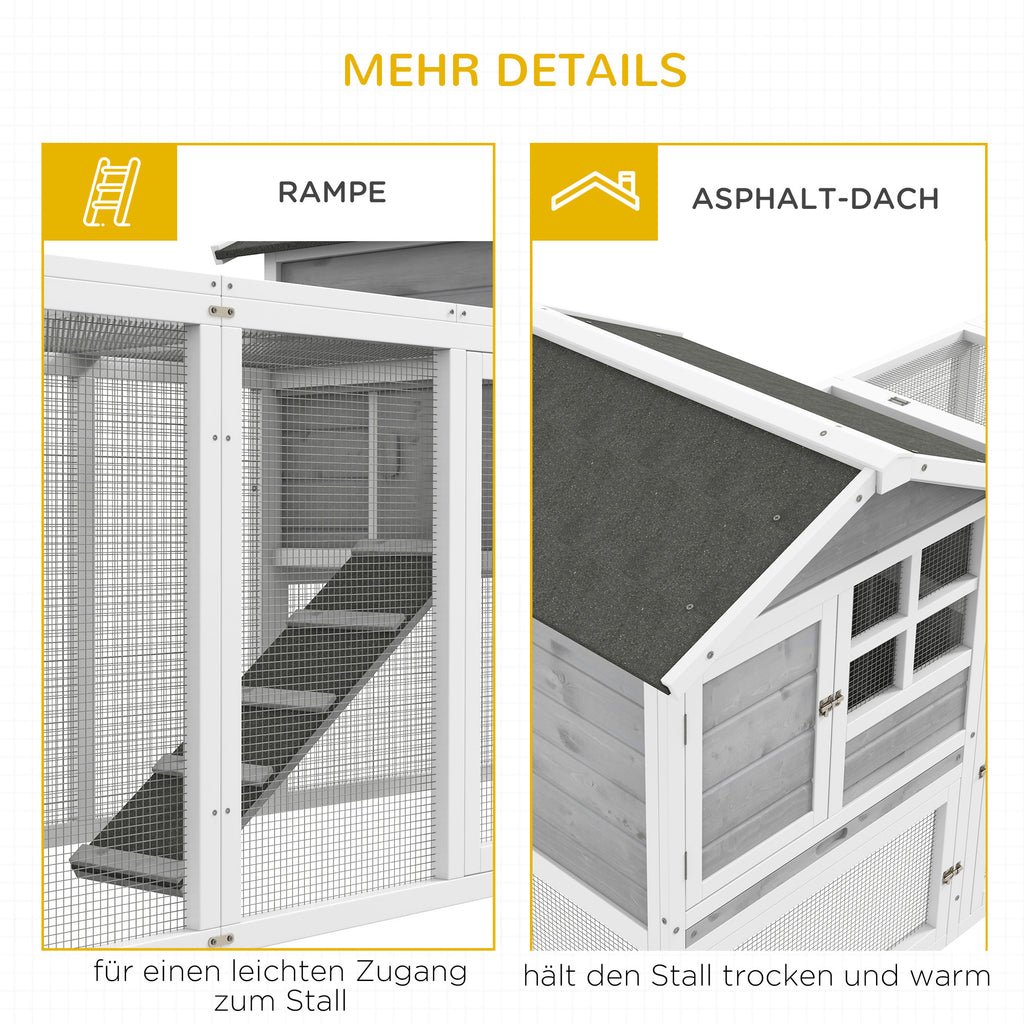 PawHut Kleintierstall, Kaninchenstall, Außengehege, Stall, Rampe, ausziehbare Bodenwannen, Weiß + Grau