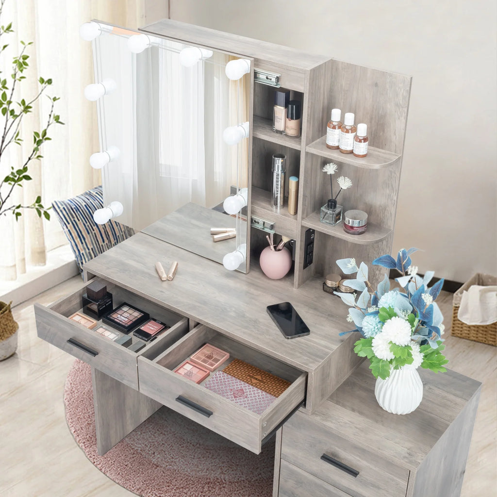 Ktaxon Vanity Set with 3 Color Lighted Mirror & Charging Station, Makeup Table with 3 Storage Shelves & Drawers, Dressing Table Makeup Desk with Stool, Retro Gray