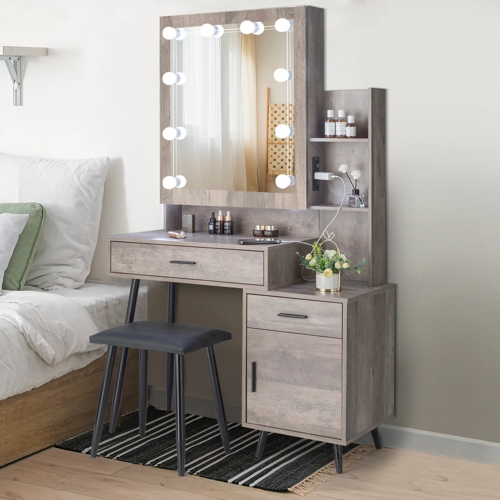 Ktaxon Vanity Set with 3 Color Lighted Mirror & Charging Station, Makeup Table with 3 Storage Shelves & Drawers, Dressing Table Makeup Desk with Stool, Retro Gray