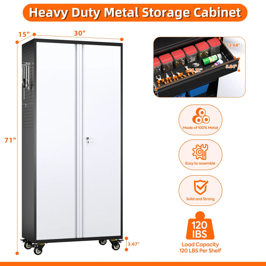 Aobabo Metal Storage Cabinet with Lock, Garage Storage Cabinet with Wheels, 72in Steel Storage Cabinet for Garage Home Storage, Black Required - Assembly