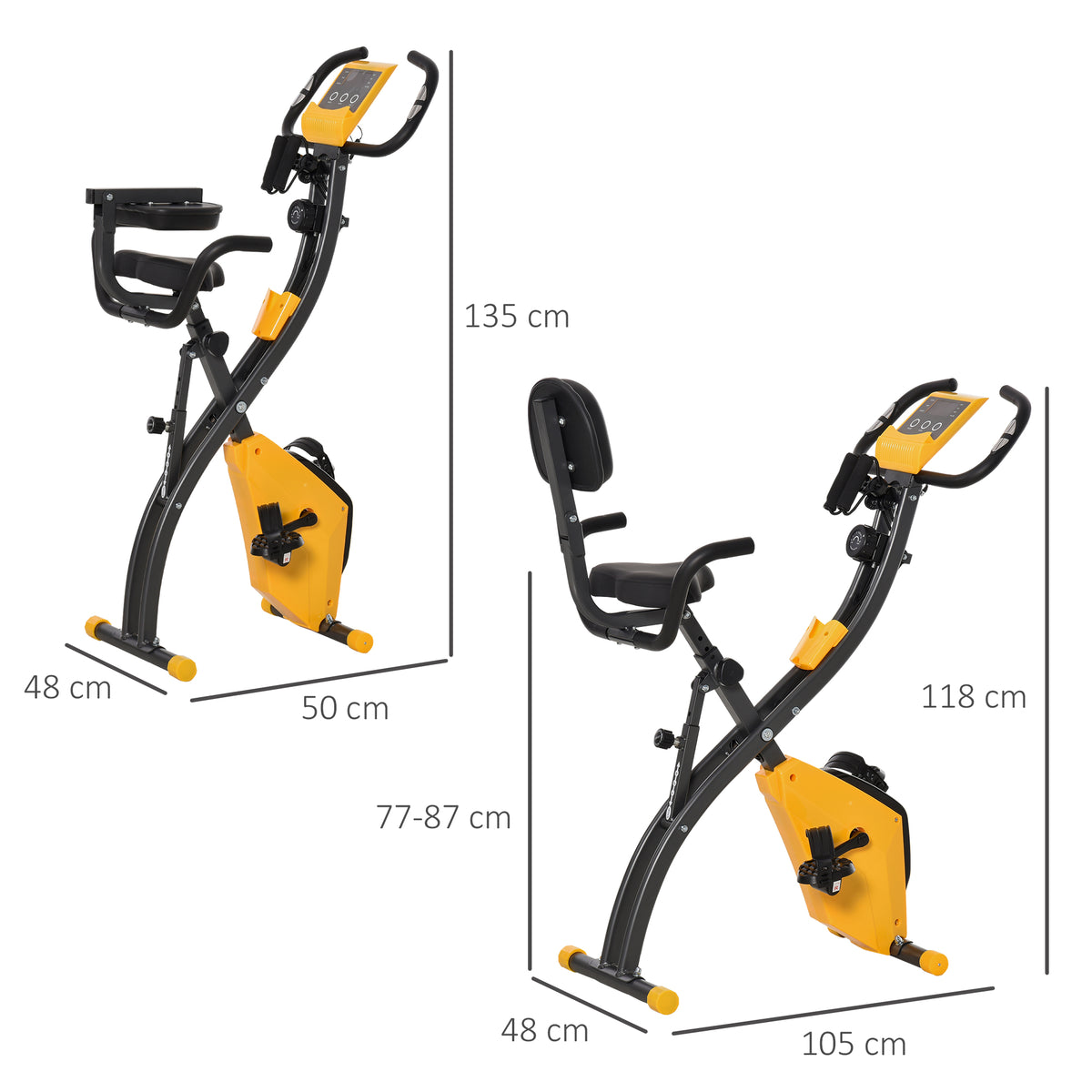 HOMCOM Faltbares Heimfahrrad, Heimtrainer für Erwachsene, 8 Stufen magnetischer Widerstand, Handpulssensoren, multifunktionales LCD-Display, verstellbarer Sitz, Stahl, Gelb, Grau