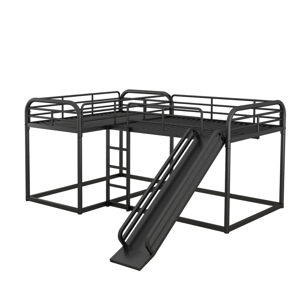 Full and Twin Size L - Shaped Quadruple Metal Bunk Bed with Slide for Kids, Black
