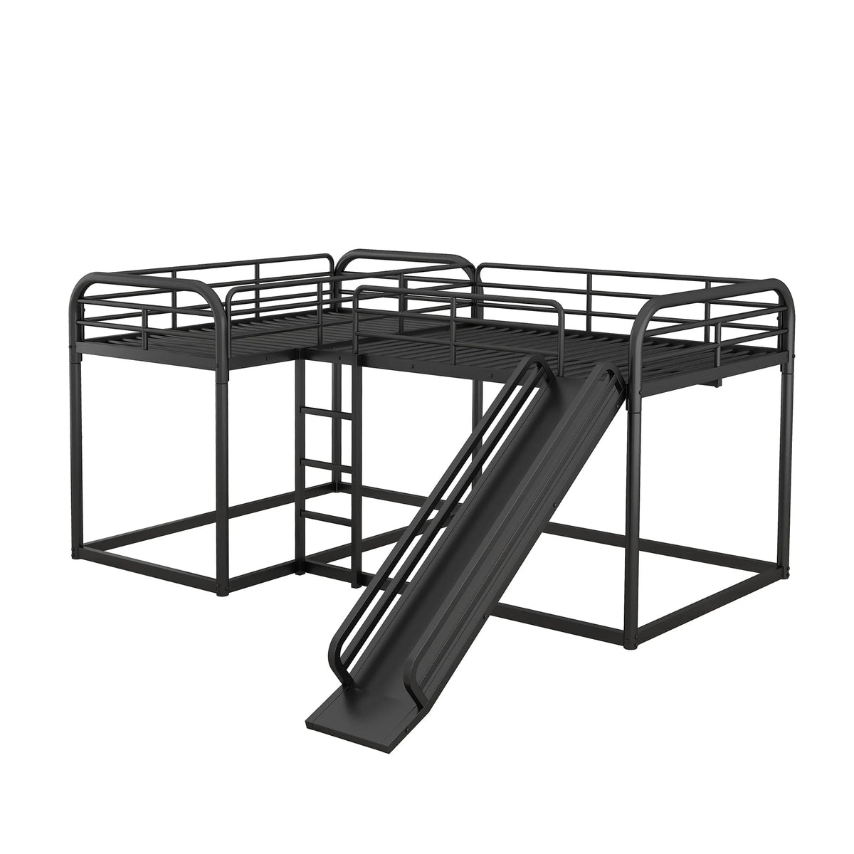 Full and Twin Size L - Shaped Quadruple Metal Bunk Bed with Slide for Kids, Black