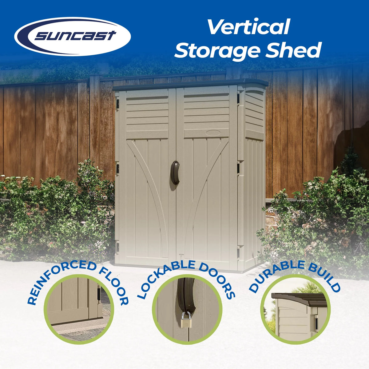 Suncast Large Vertical Shed for Storing Oudoor Tools, & Equipment, Sand