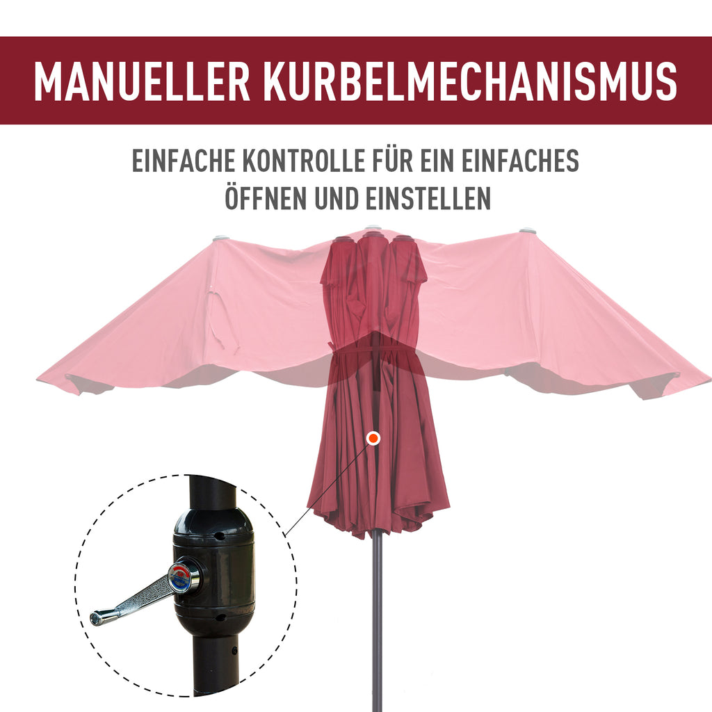 Outsunny Doppelsonnenschirm 455 x 270 cm Gartenschirm mit Handkurbel oval stabil Metallstange Marktschirm Doppelsonnenschirm Terrassenschirm Sonnenschutz für Strand Balkon Terrasse Garten Weinrot