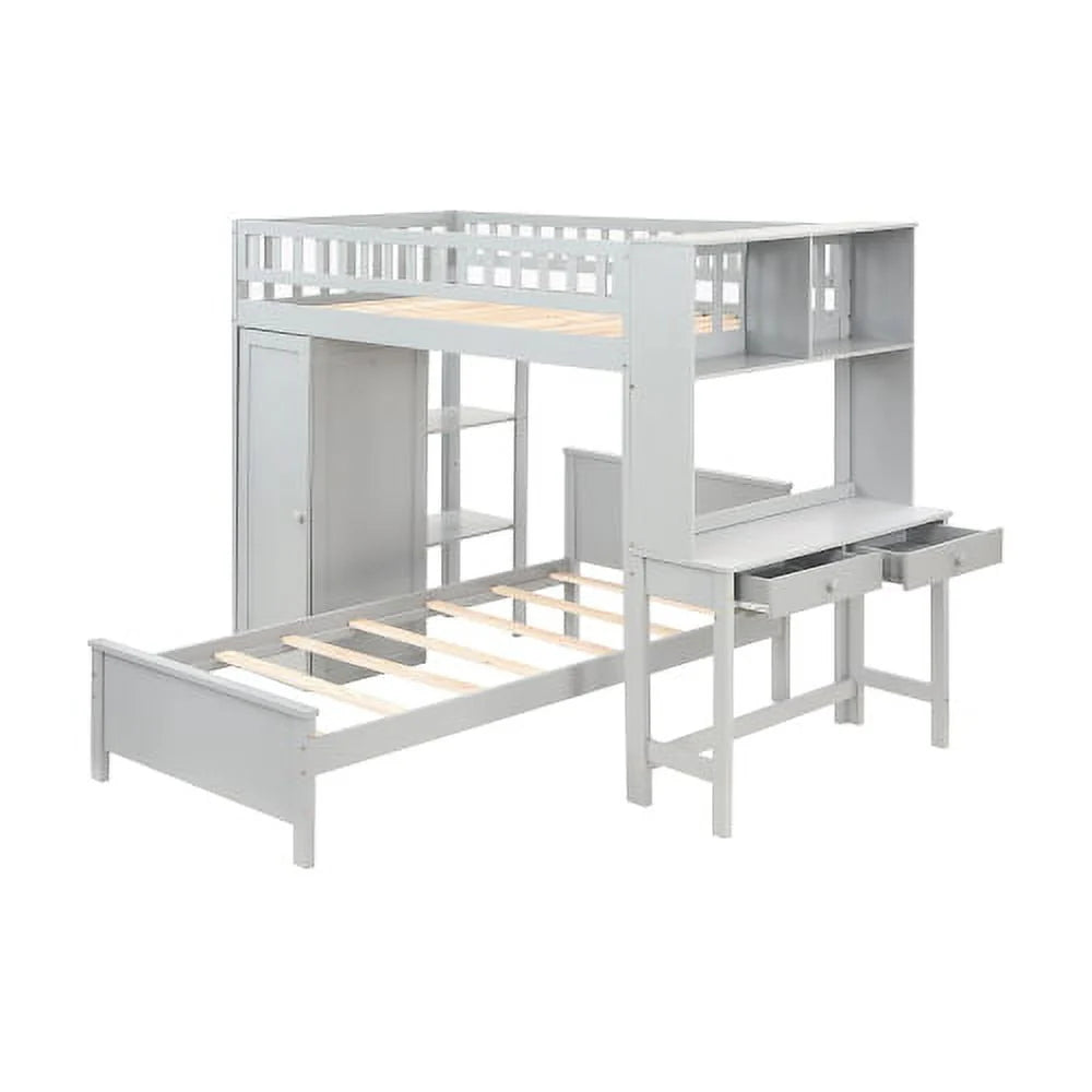 Twin Loft Bed with Closet & Desk, Wood Bed Frame with Movable Bed, Bunk Bed for Kids Adult, Gray
