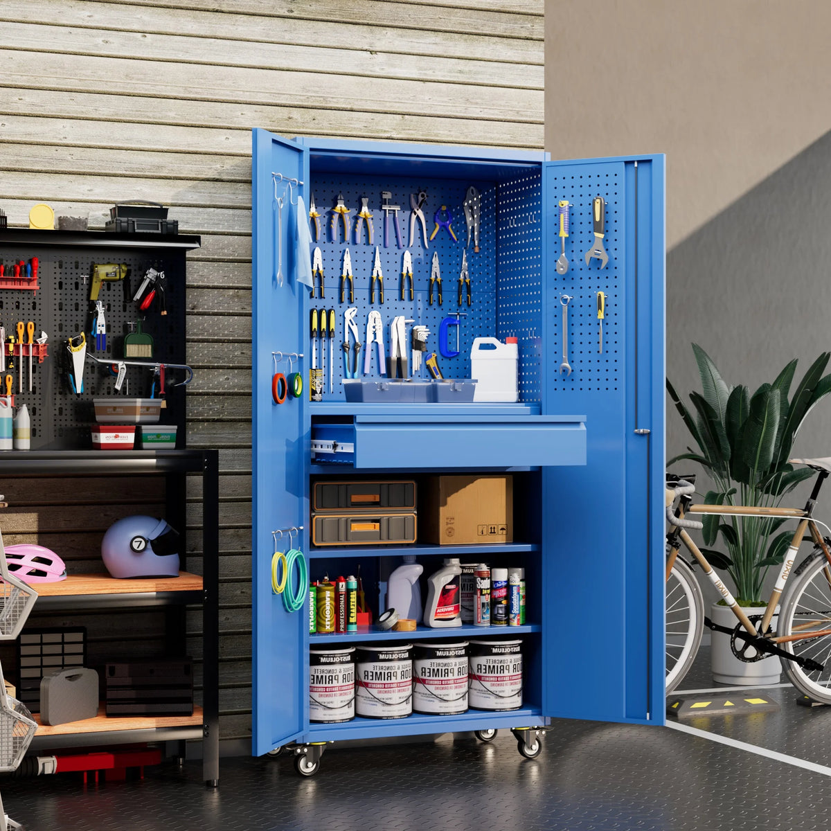 Aobabo Metal Storage Cabinet with Lock, Garage Storage Cabinet with Wheels, 72in Steel Storage Cabinet for Garage Home Storage, Black Required - Assembly