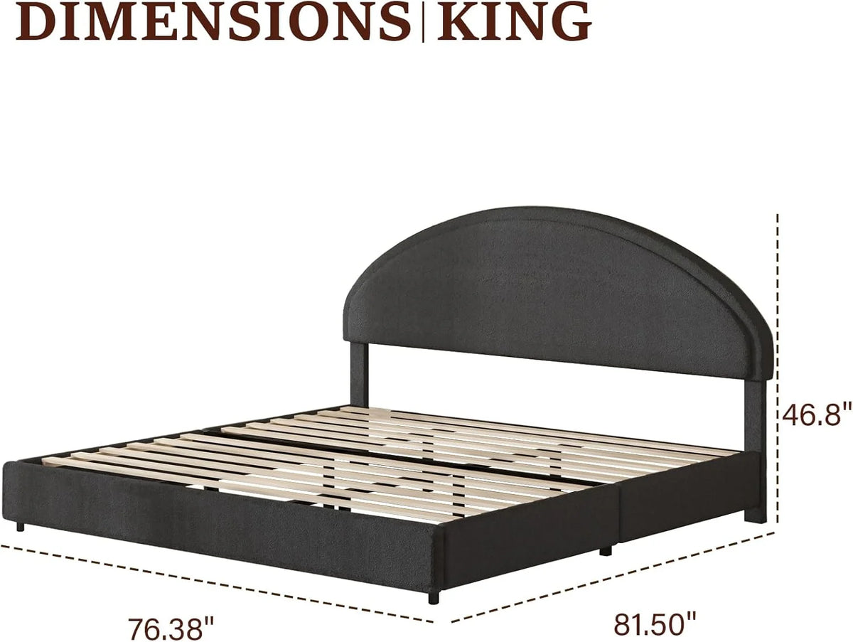 4 EVER WINNER Queen Size Bed Frame, Boucle Upholstered Bed Frame with Headboard, White Queen Bed Frame, White
