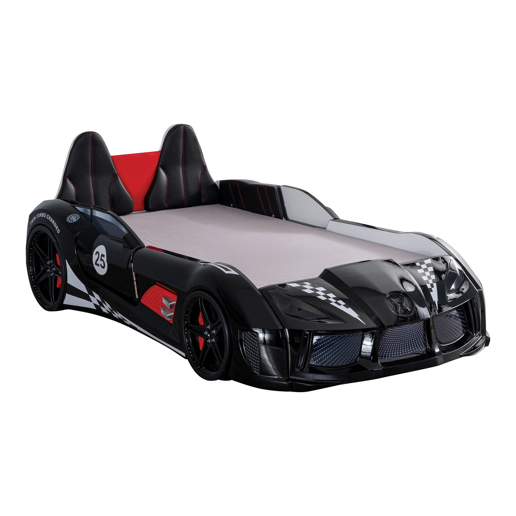 Furniture of America Dash Kids Plastic Twin Race Car Bed with LED and Sound, White